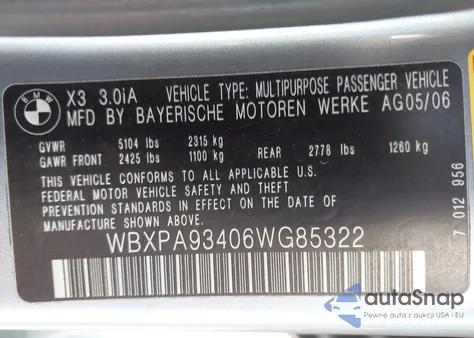 2006 BMW X3 3.0I из США, поврежденный, VIN WBXPA93406WG85322